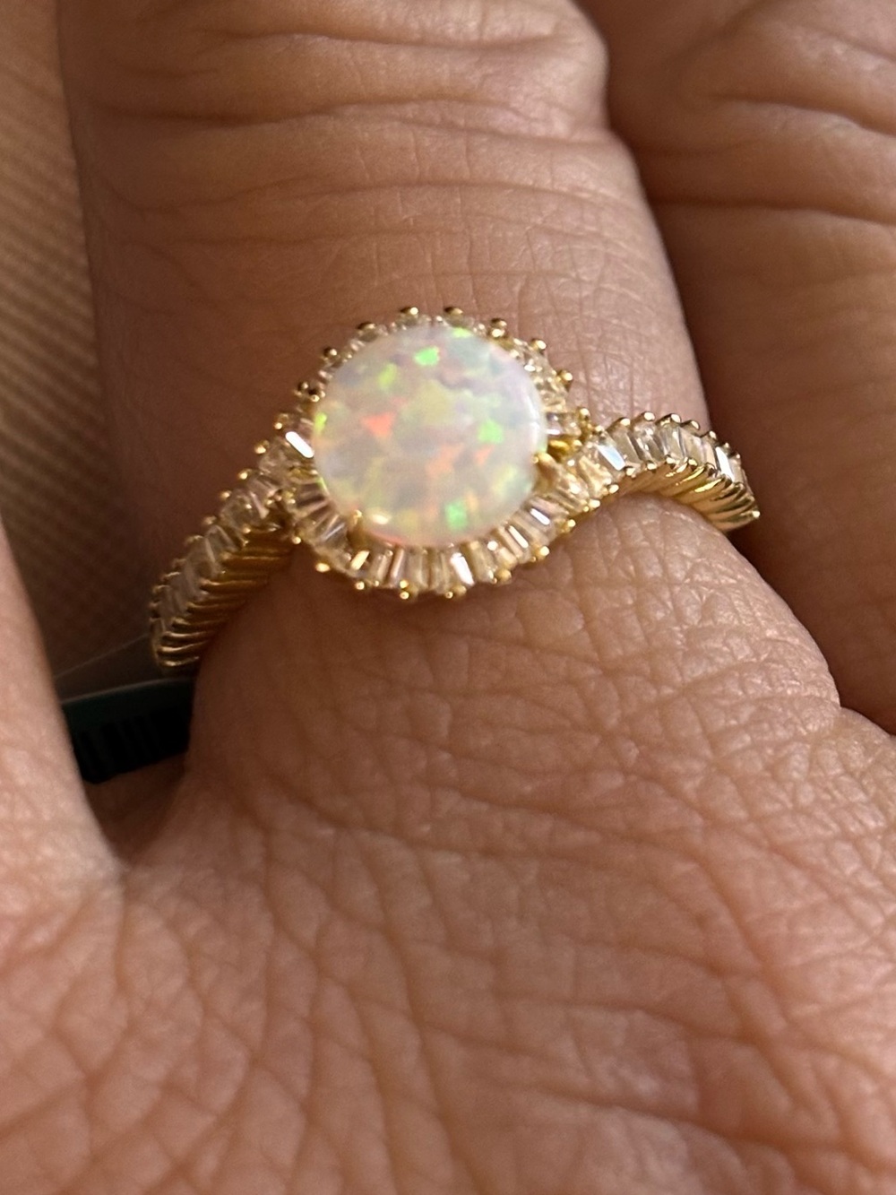Gold over Sterling Silver 925 lab Opal Halo Ring - White Opal Center
